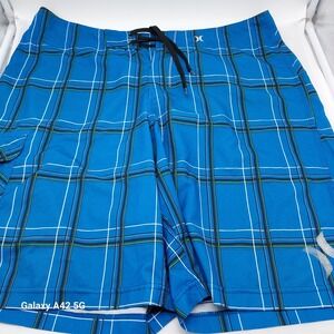 Hurley Phantom Board Shorts Mens Blue Plaid Swim Trunks Cargo Pocket MB04PI2
